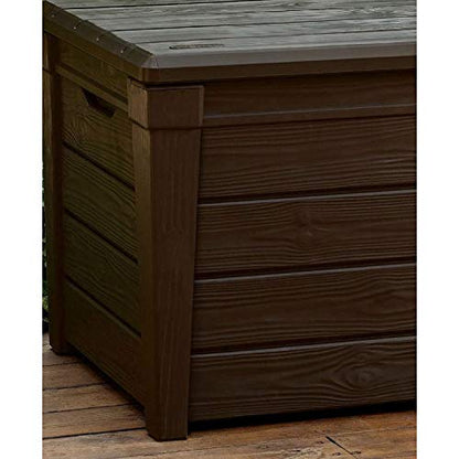 Keter Outdoor Storage Deck Box, for Patio, Backyard & Garden, Brightwood, 120 Gal, Brown - Lockable, Organizing, and Waterproof Plastic Container Bench