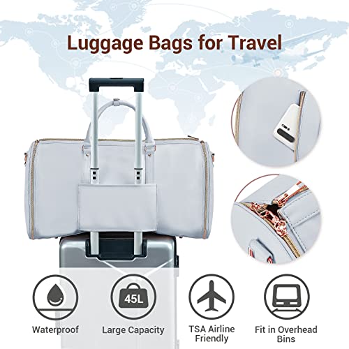 Garment Bags for Travel, Convertible Suit Travel Bag for Women, Stylish Carry On Garment Bag with Toiletry Pocket, Shoulder Strap and Shoes Compartment, 2 in 1 Foldable PU Leather Duffle Bag, Blue - color: Blue