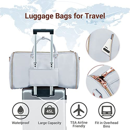 Garment Bags for Travel, Convertible Suit Travel Bag for Women, Stylish Carry On Garment Bag with Toiletry Pocket, Shoulder Strap and Shoes Compartment, 2 in 1 Foldable PU Leather Duffle Bag, Blue - color: Blue