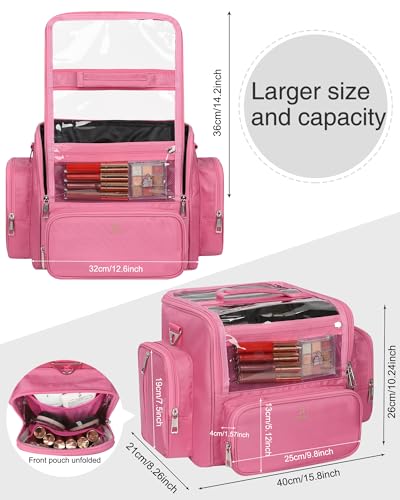 NAONAYA Pink Makeup Brush Bag, Clear Makeup Brush Holder with Lid, Extra Large Capacity Travel Cosmetic Bag Makeup Artist Must Haves,Make Up Organizers and Storage, with Adjustable Dividers - color: Pink