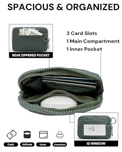 YDF The Iris Wallet for Women Mini Zip Card Case with Clear ID Window Zipper Coin Purse Lightweight Portable Keychain Wallet - color: green