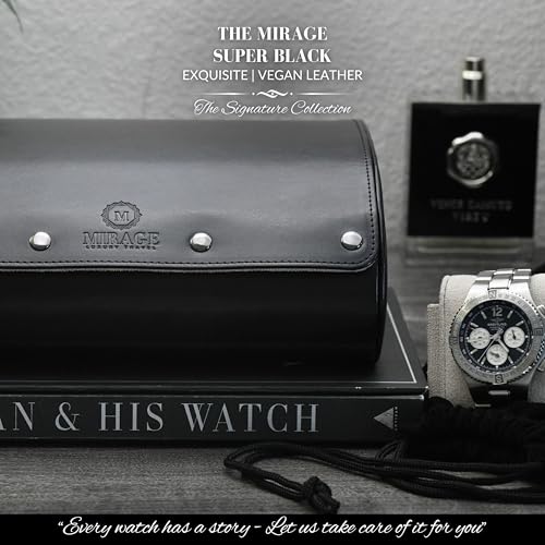 Black Watch Case for Men - 6-watch Roll Travel Case by Mirage - Super Black motif design - color: Super Black 6-watch case