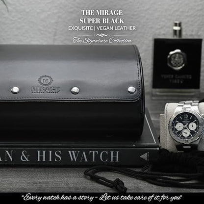 Black Watch Case for Men - 6-watch Roll Travel Case by Mirage - Super Black motif design - color: Super Black 6-watch case