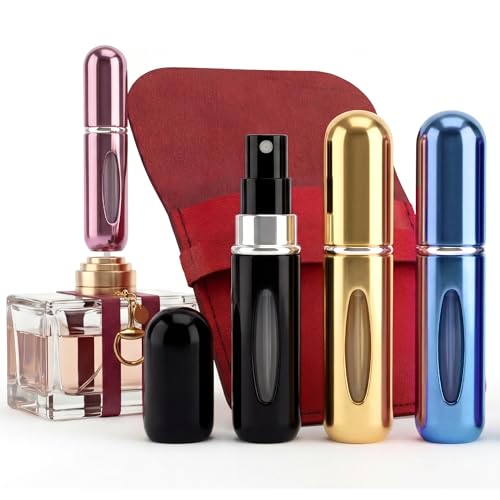 5ml Travel Perfume Bottle Refillable Atomizer Sprayer for Perfume,Leakproof Perfume Atomizer Travel, Portable Refillable Perfume Bottles, (Blue, Black, Pink, Gold + Leather Pouch) - color: Blue, Black, Pink, Gold + Leather Pouch
