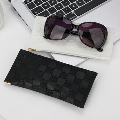 Sightor Sunglasses Case, 2 Pcs Soft Eyeglass Cases Checkered Sunglass Case Portable Squeeze Top Leather Glasses Pouch - color: Black, Beige