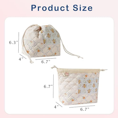 Cotton Quilted Drawstring Makeup Bag with Canvas Lining,Coquette Aesthetic Cute Travel Toiletry Bag,Drawstring Gift Bag for Women and Girls（08Pink Flower） - color: 08Pink Flower