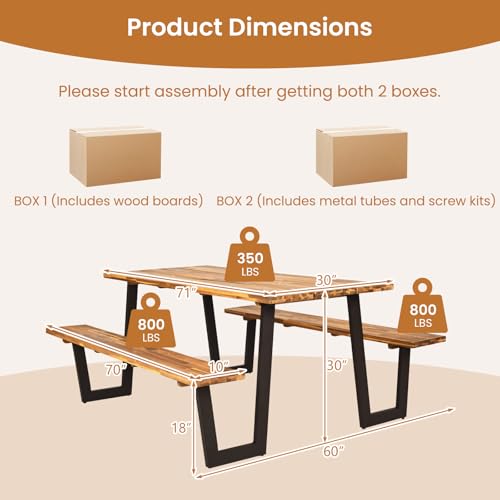 Giantex 71" Picnic Table Bench Set for 6-8, Acacia Wood Outdoor Dining Table Set, 2" Umbrella Hole, Heavy Duty Metal Frame, Footrest Bar, Large Rectangular Tabletop for Porch Patio Lawn Garden - size: 71"x30"x30"