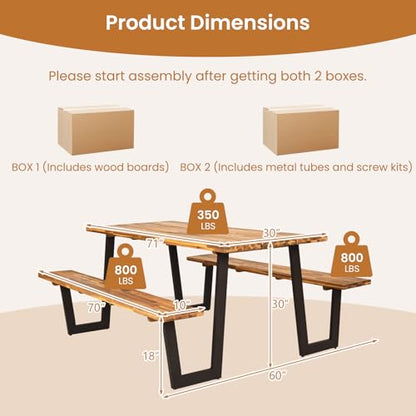 Giantex 71" Picnic Table Bench Set for 6-8, Acacia Wood Outdoor Dining Table Set, 2" Umbrella Hole, Heavy Duty Metal Frame, Footrest Bar, Large Rectangular Tabletop for Porch Patio Lawn Garden - size: 71"x30"x30"