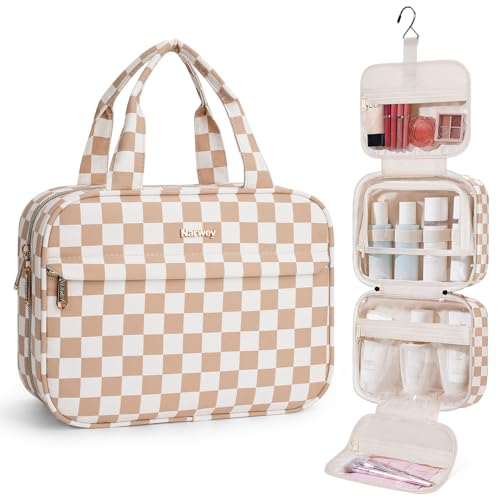 Narwey Hanging Toiletry Bag for Women Checkered Travel Makeup Bag Organizer Cosmetic Make up Toiletries Bag for Travel Essentials Accessories (Light Brown Checkerboard, Medium) - color: Light Brown Checkerboard, size: Medium