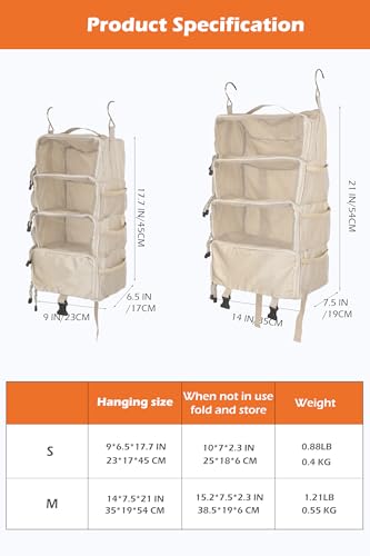 TABITORA Travel Luggage Organizer insert Hanging Packing Cubes for Suitcase Carry on Closet Hanging Shelves Folding (Beige, Small) - color: Beige, size: Small
