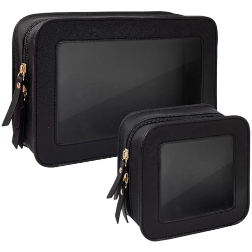 LETGO Clear Makeup Bag Set for Women Portable Clear Makeup Bag Cute Waterproof Travel Cosmetic Bag Travel Essentials Car Accessories for Women Men(Black, Standard + Mini) - color: Black, size: Standard + Mini
