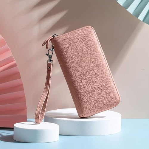 Moflycom Womens Wallet RFID Blocking Genuine Leather Zip Around Wallet Clutch Wristlet Travel Long Purse for Women - color: Pink