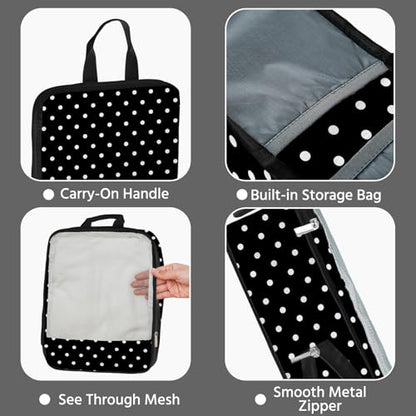7 Pcs Compression Packing Cubes for Travel, Waterproof Suitcase Luggage Backpack Organizer with Toiletry Bag Travel Essentials for Women/Men-Polka Dots - color: Black-Polka Dots