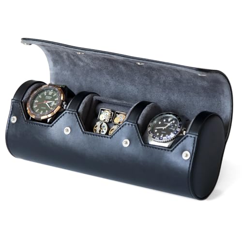Watch and Cufflink Organizer for Men - Portable 2 Slot Display Storage Box With Velvet Holder for Large Watches, Rings - Travel Roll Case - color: Black 2 Slot Watch and 1 Slot Cufflink box
