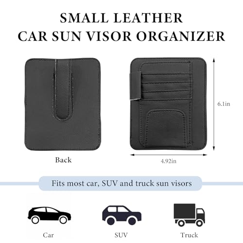 Small Leather Car Sun Visor Organizer, Auto Visor Pouch Card Sleeve Pocket with Sunglasses Clip, Multifunctional Sunvisor Wallet Holder for Driving License Pen Tickets (Black)