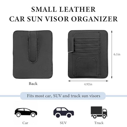 Small Leather Car Sun Visor Organizer, Auto Visor Pouch Card Sleeve Pocket with Sunglasses Clip, Multifunctional Sunvisor Wallet Holder for Driving License Pen Tickets (Black)