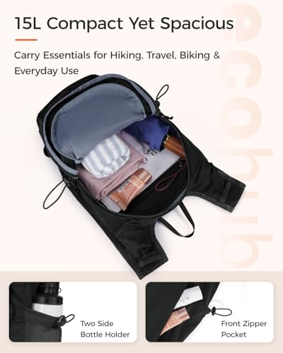 ECOHUB 15L Lightweight Packable Hiking Backpack for Travel, Small Daypack with Chest Strap & Phone Pocket, Water Resistant Foldable Backpack for Men Women - color: Black