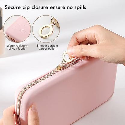 FVION Zipper Makeup Brushes Bag For Travel, Large Silicone Makeup Brush Holder, Make Up Brushes Pouch Case for Makeup Tools - Pink - color: Pink