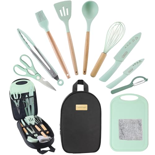 Camping Accessories Kitchen Cooking Utensils Set - Portable Outdoor Camp Cookware Set, Silicone Camper Essentials Gear Must Have Supplies for Travel RV BBQ Grill Picnic Hiking - color: 12PCS Green