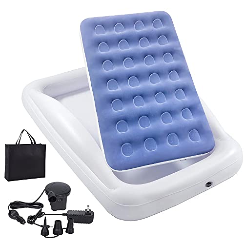 Inflatable Kids Travel Bed Toddler Air Mattress Set,Portable Blow Up Mattress Sleeping Bed Cot with Bed Rails and Electric Pump Ideal for Road Trip - color: Blue