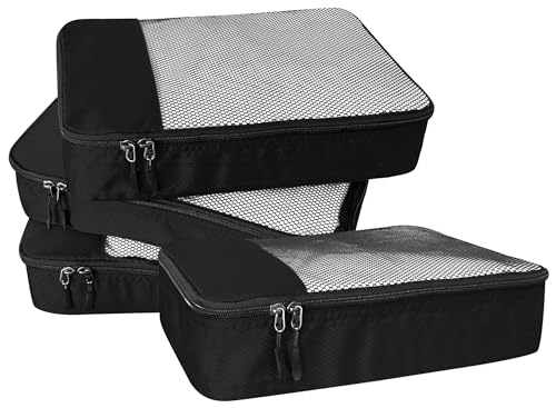 WTREE 4-Piece Packing Cubes Travel Accessories Set for Suitcases - Luggage Organizer Bags with Double Zipper - Mesh Top - Medium - Black - color: Black, size: Medium