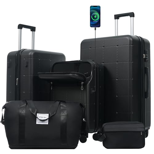 Merax Luggage Sets 5 Piece, Hardside 20" Half-opening Carry On Suitcase Set with USB Port,Lightweight Travel 24" 28" Luggage with Bags TSA Locks Double Spinner Wheels,Black - color: Black, size: 3 piece(20front open+24+28+bags)