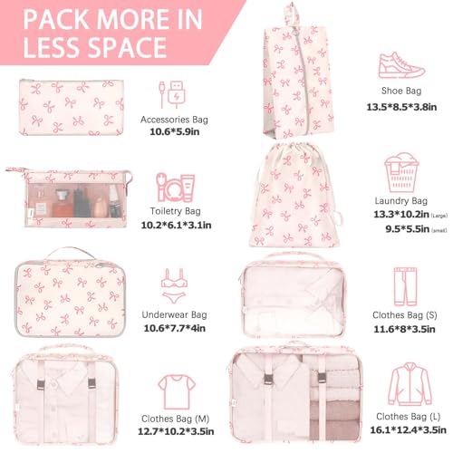 KPX 8 Set Packing Cubes for Travel, Luggage Packing Organizers Accessories Large Toiletries Bag for Clothes Shoes Cosmetics (8Set-Pink Bow) - color: 8Set-Pink Bow