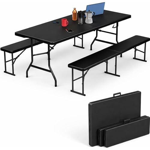 Simpli-Magic 6 Foot Folding Picnic Table Set with 2 Benches Portable Indoor Outdoor Camping Table for Working Meeting Party Picnic Weddings with Handle and Safety Locks Black - size: 6 feet Table Set
