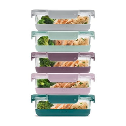 Ello Duraglass 3.4 Cup Meal Prep Sets 10Pc, 5 Pack Set- Glass Food Storage Container with Silicone Boot and Airtight BPA-Free Plastic Lids, Dishwasher, Microwave, and Freezer Safe, Garden Goals - color: Garden Goals with Boot