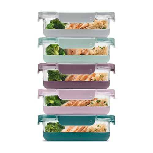 Ello Duraglass 3.4 Cup Meal Prep Sets 10Pc, 5 Pack Set- Glass Food Storage Container with Silicone Boot and Airtight BPA-Free Plastic Lids, Dishwasher, Microwave, and Freezer Safe, Garden Goals - color: Garden Goals with Boot