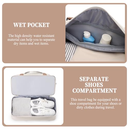 Weekender Bags for Women,Overnight Travel Duffel Bag with Shoes Compartment& Toiletry Bag,Extra Large(Beige & Brown) - color: Beige & Brown, size: Extra Large