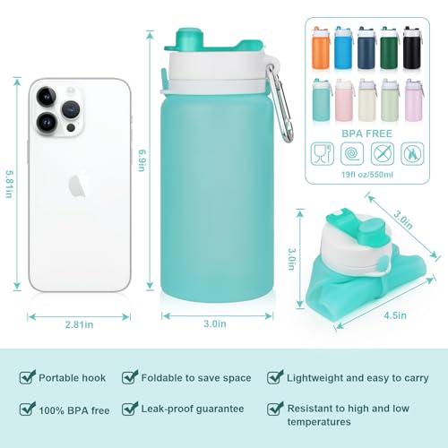 PLTCAT Collapsible Water Bottle, 19oz Foldable Bottle BPA Free Reusable Lightweight Leak-Proof Travel Silicone Water Bottle for Travel, Gym, Hiking, Office, Camping - color: Green