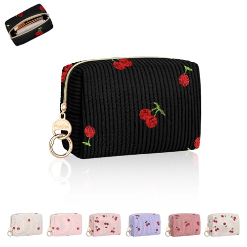 Mini Makeup Bag, Corduroy Cute Small Cosmetic Bag for Purse, Travel Makeup Purse Pouch for Organization Lipsticks, Chapsticks, Small Items for Mom/Sisters/Friends (Embroidery Cherry-Black) - color: Cherry-Black
