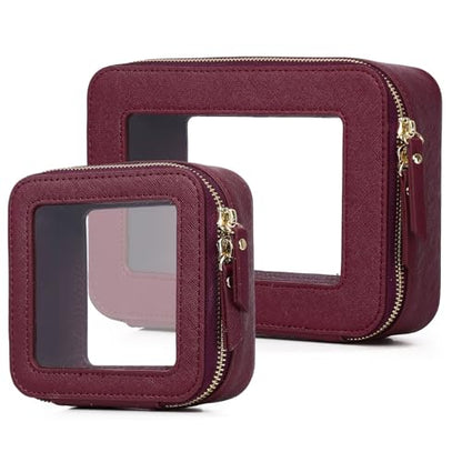 Clear Makeup Bag Set Travel Cosmetic Bag and Toiletry Bag Women's Purse Pouch Cosmetic Stroage Organizer Case with Zipper Car Essentials (Burgundy, M+Mini) - color: Burgundy, size: M+Mini