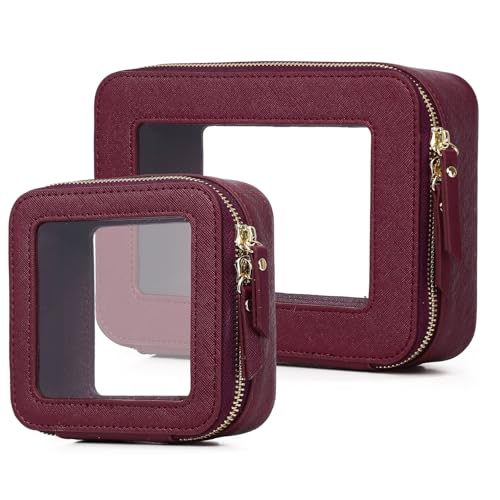 Clear Makeup Bag Set Travel Cosmetic Bag and Toiletry Bag Women's Purse Pouch Cosmetic Stroage Organizer Case with Zipper Car Essentials (Burgundy, M+Mini) - color: Burgundy, size: M+Mini