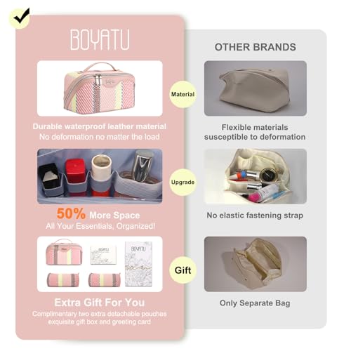 BOYATU Travel Makeup Bag Cosmetic Bag for Women: 3 Pcs Set Make up Bag with Compartments - Waterproof Vegan Leather Toiletry Bags with Handle - Makeup Organizer for Travel Essentials(C-3-Pink) - color: C-3-Pink