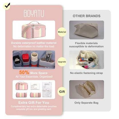 BOYATU Travel Makeup Bag Cosmetic Bag for Women: 3 Pcs Set Make up Bag with Compartments - Waterproof Vegan Leather Toiletry Bags with Handle - Makeup Organizer for Travel Essentials(C-3-Pink) - color: C-3-Pink