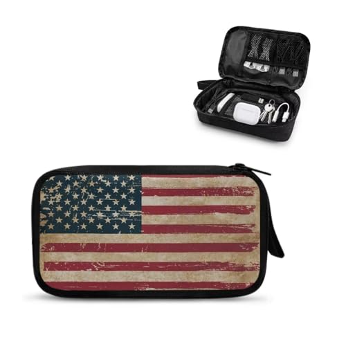 Vintage USA Flag Print Large Electronics Organizer - Travel Case, Cord Organizer, Accessories for Women - color: Vintage USA Flag Print