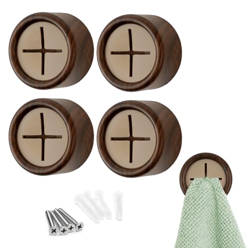 S&T INC. Round Adhesive Push Towel Hooks for Kitchen, Hand and Dish Towels, Plastic, Walnut, 4 Pack - color: Walnut