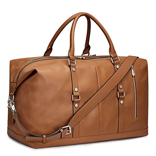 S-ZONE Genuine Leather Women Travel Duffle Weekender Overnight Weekend Carry on Shoulder Tote Bag - color: C-Genuine Leather Brown