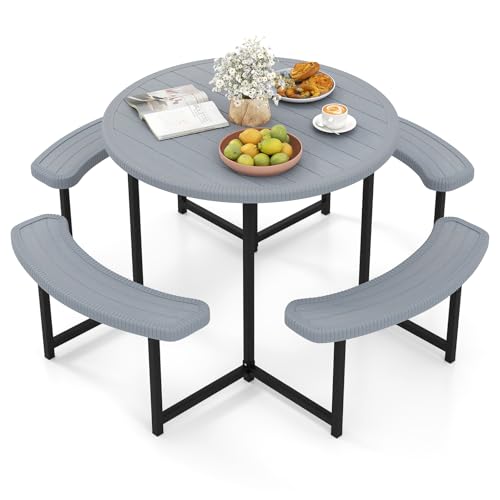 Tangkula 8 Person Picnic Table, HDPE Outdoor Round Table and Bench Set with 4 Built-in Benches, Umbrella Hole, Metal Frame for Garden Yard Patio Lawn - color: Grey