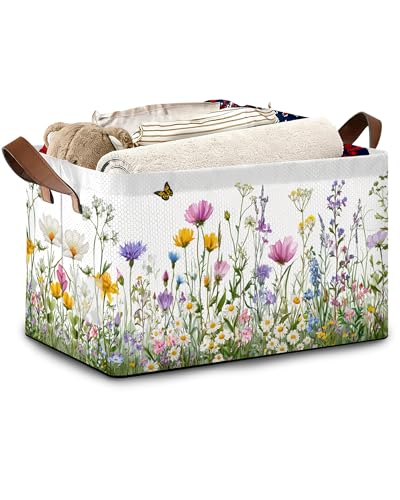 Wildflowers Butterfly Storage Baskets,Garden Herb Flower Foldable Large Capacity Organizer Bins with Waterproof Lining and Leather Handles for Closet,Shelf,Bedroom 17x11.5x10Inch - color: Wildflowers Butterfly Garden Herb Flower
