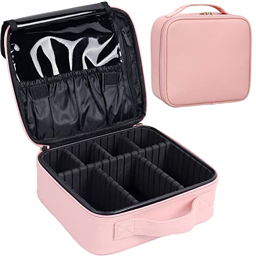 Travel Makeup Case, PU Leather Portable Organizer Makeup Train Case Makeup Bag Cosmetic Case with Adjustable Dividers for Cosmetics Makeup Brushes Women (Pink) - color: Pink