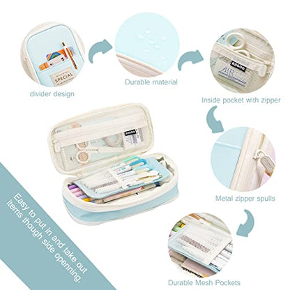MAMUNU Expandable Pencil case with compartments, Large Capacity Pencil Cases Pencil Bag Pouch Office School, Portable Pencil Case Large School Stationery Organizer, Makeup Cosmetic Bag, Blue - color: Blue
