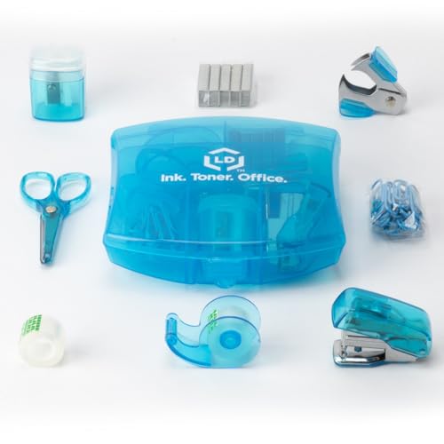 LD Products Blue Mini Office Supply Kit Portable Case with Scissors, Paper Clips, Tape Dispenser Set, Pencil Sharpener, Mini Stapler with Staples and Staple Remover - color: Blue