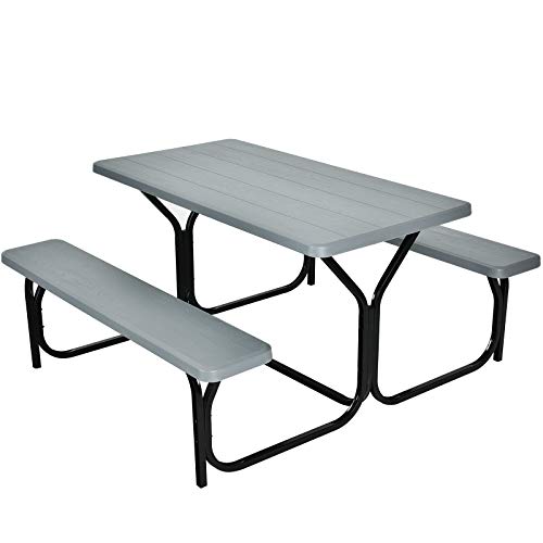 Giantex Picnic Table Bench Set Outdoor Camping All Weather Metal Base Wood-Like Texture Backyard Poolside Dining Party Garden Patio Lawn Deck Furniture Large Camping Picnic Tables for Adult (Gray) - color: Grey