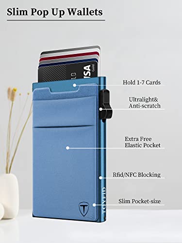 TOYFID Pop Up Credit Card Wallet for Men - Metal Slim Minimalist Cards Holder with Money Pocket - RFID Blocking Ultralight Small Aluminum Wallet - color: Blue