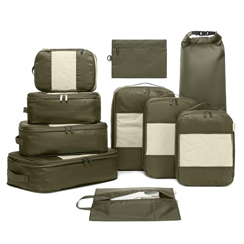 10-Pack Large Compression Packing Cubes for Travel - Lightweight Compression Packing Cube Set, Water-Resistant Luggage Organizer Bags & Suitcase Organizers, Travel Cubes for Carry-On, Checked Luggage - color: Olive, size: 10 Pack