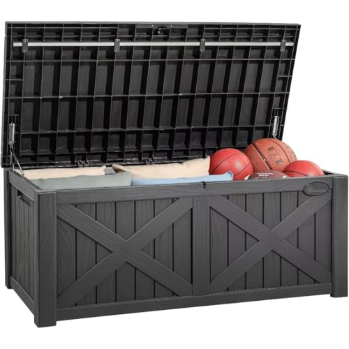 YITAHOME 150 Gallon Large Deck Box with X-Shaped Front, Resin Outdoor Storage Boxes, Waterproof Cushion Storage Bench for Patio, Pool Supplies, Garden Tools - Lockable, Dark Gray - color: Dark Gray, size: 150 Gallon, style: Deck Box w/X Front