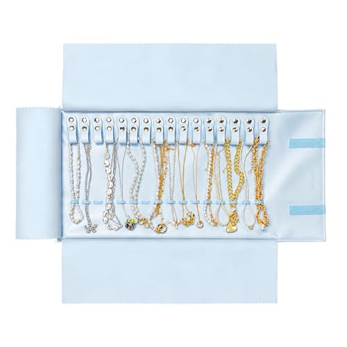 UnionPlus Travel Jewelry Roll, Faux Leather Necklaces Organizer Bag, Elastic Band and Anti-winding, Air Blue - color: Leather Air Blue, size: Medium